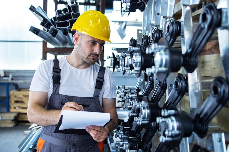 Foto gratuito empleado industrial vistiendo uniforme y casco amarillo comprobando la producción en la fábrica.