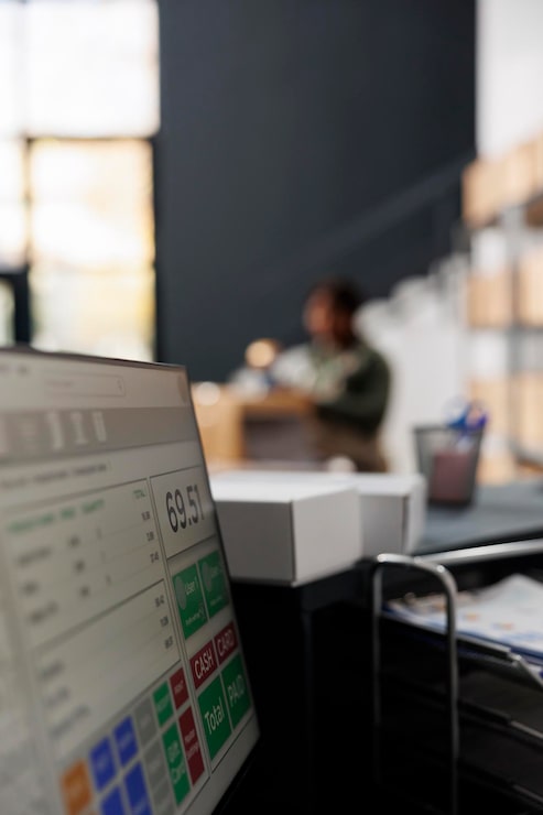 Foto gratuito enfoque selectivo de la computadora con pedidos de clientes en línea, en segundo plano, gerente afroamericano preparando paquetes. empleado de la sala de almacenamiento que trabaja en el inventario de mercancías en el almacén