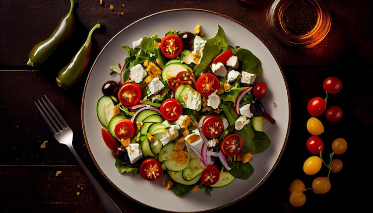 Foto gratuito ensalada vegetariana fresca y saludable en placa de madera ia generativa