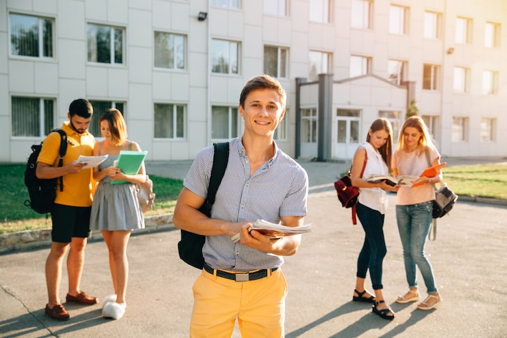 Foto gratuito estudiante feliz con cuadernos y mochila sonriendo mientras está de pie