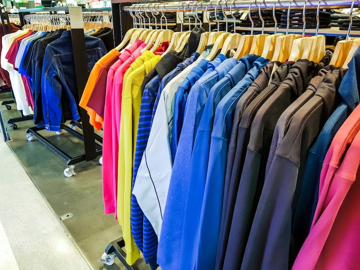 Foto gratuito fila de ropa de moda en perchas.