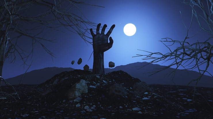 Foto gratuito fondo 3d de halloween con mano zombie saliendo del suelo