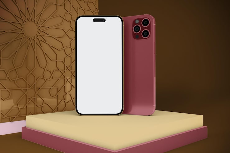 Foto gratuito frontal del teléfono 14 pro con fondo de temática árabe