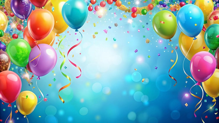 Foto gratuito los globos festivos con fondo azul de confeti