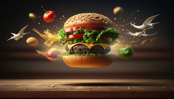 Foto gratuito hamburguesa explosiva con verduras y queso derretido sobre fondo negro ia generativa