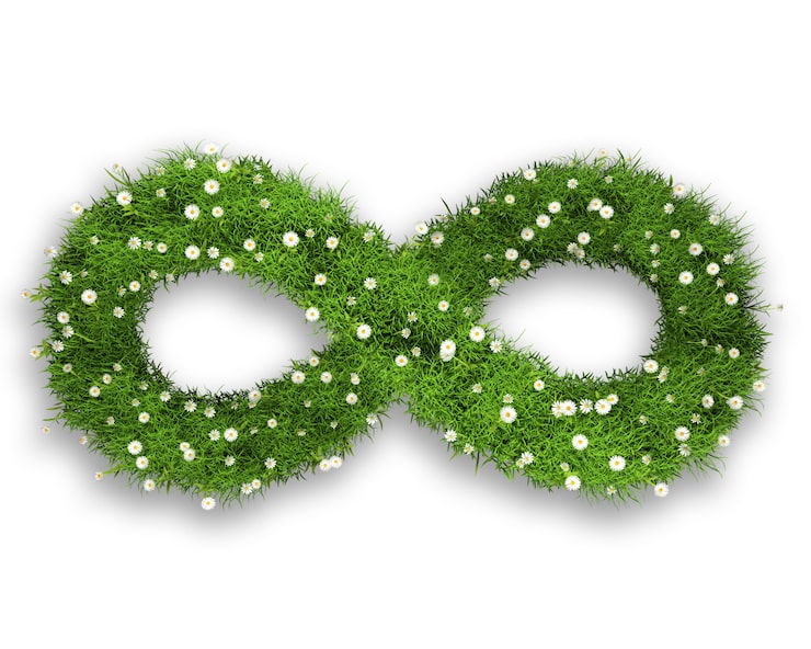 Foto gratuito hierba 3d y margaritas en forma de símbolo infinito