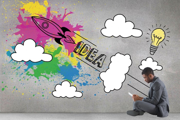 Foto gratuito hombre de negocios sentado con creativa ilustración