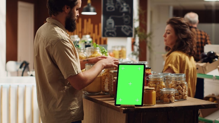 Photo Gratis iklan di mockup tablet di toko makanan lokal