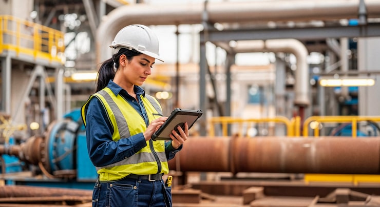Foto gratuito ingeniera inspeccionando equipos en una tableta