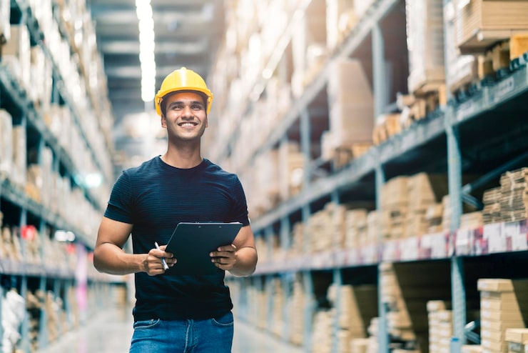 Foto gratuito ingeniero indio inteligente con casco de seguridad haciendo verificación de existencias y gestión de productos de existencias de cartón en el fondo del almacén de la fábrica