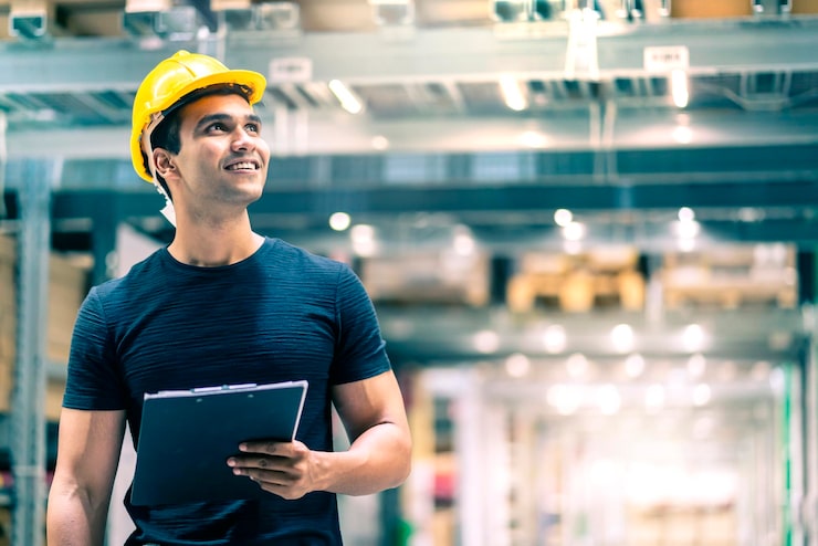 Foto gratuito ingeniero indio inteligente con casco de seguridad haciendo verificación de existencias y gestión de productos de existencias de cartón en el fondo del almacén de la fábrica