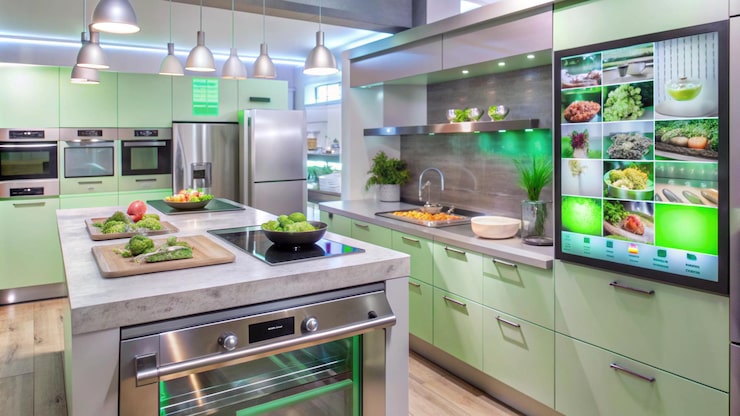 Foto gratuito interior de cocina moderno con electrodomésticos de acero inoxidable y armarios verdes