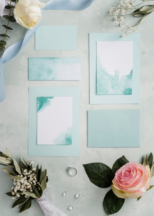Foto gratuito invitados florales y tarjetas de boda