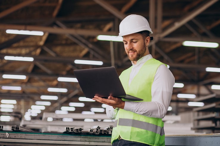 Foto gratuito joven ingeniero trabajando en una fábrica.