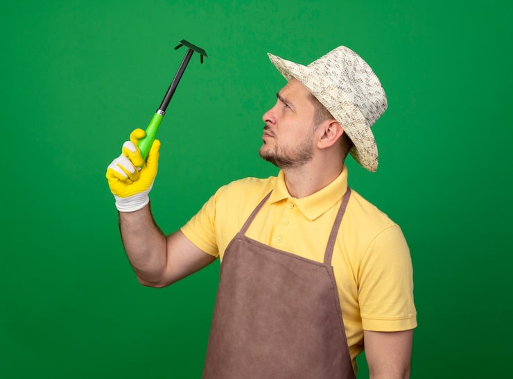 Foto gratuito joven jardinero vistiendo mono y sombrero en guantes de trabajo sosteniendo azadón mirándolo intrigado de pie sobre la pared verde