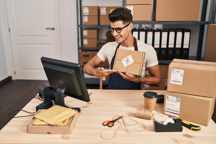 Foto gratuito joven trabajador de negocios de comercio electrónico hispano que tiene una videollamada que muestra el paquete en la oficina