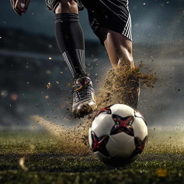 Foto gratuito jugador de fútbol con pelota en campo de hierba