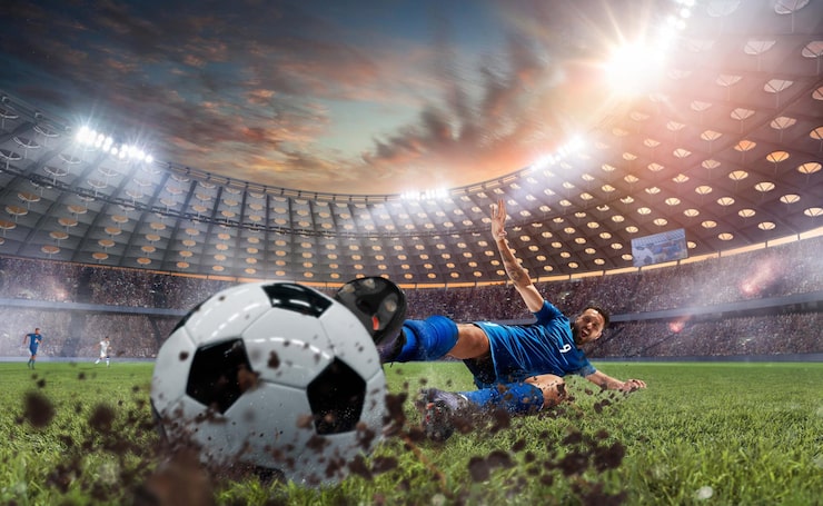 Foto gratuito jugadores de fútbol en acción en un estadio profesional