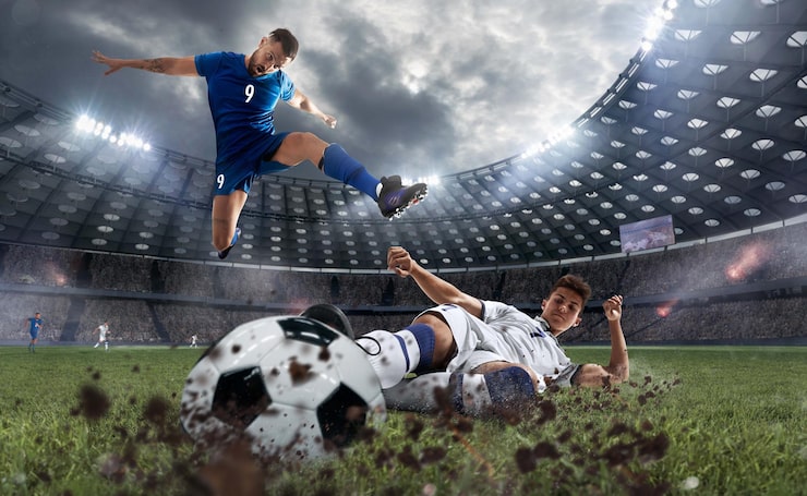 Foto gratuito jugadores de fútbol en acción en un estadio profesional