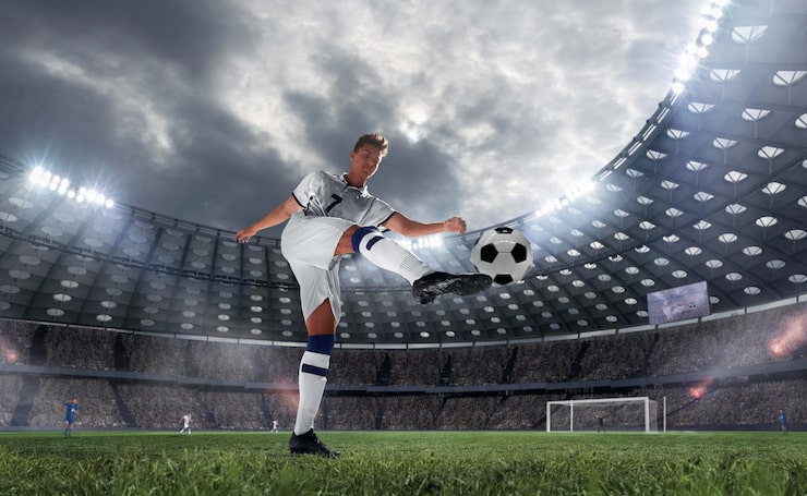 Foto gratuito jugadores de fútbol en acción en un estadio profesional