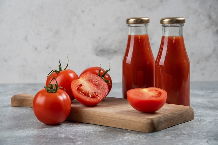 Foto gratuito jugo de tomate en frascos de vidrio sobre una tabla de madera.
