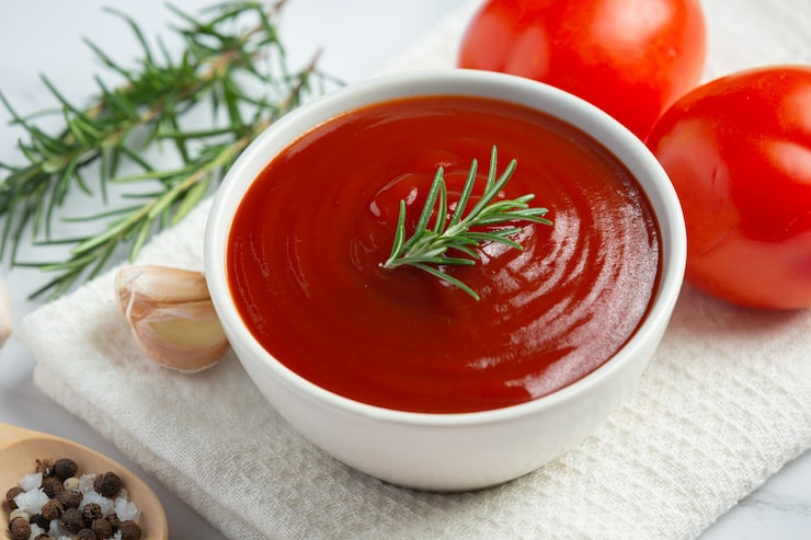 Foto gratuito ketchup o salsa de tomate con tomate fresco