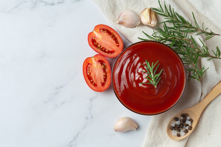 Foto gratuito ketchup o salsa de tomate con tomate fresco
