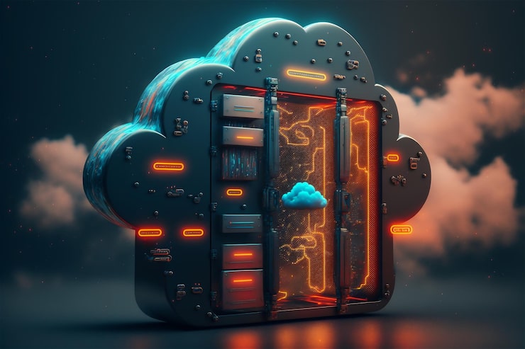 Photo Gratis konsep penyimpanan data cloud server siber layanan rak online digital cloudscape untuk jaringan global teknologi infrastruktur keamanan komputer cadangan database