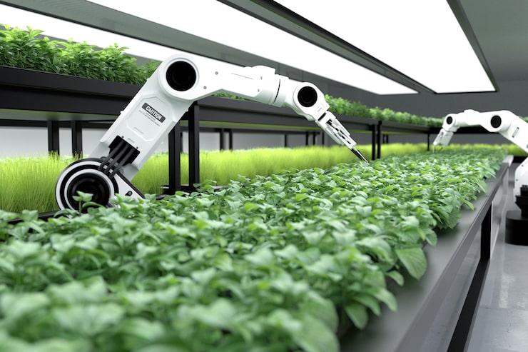 Photo Gratis konsep petani robot pintar, teknologi pertanian petani robot, otomasi pertanian