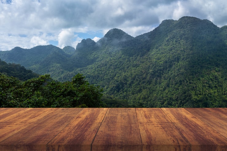 Photo Gratis lantai kayu cokelat dengan gunung hijau .