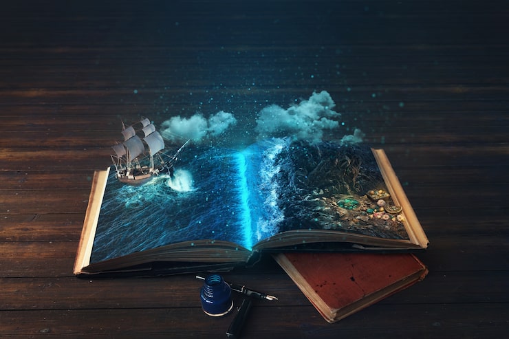 Foto gratuito libro abierto con escena de cuento de hadas