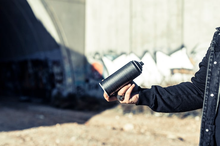 Foto gratuito mano humana sosteniendo aerosol negro puede