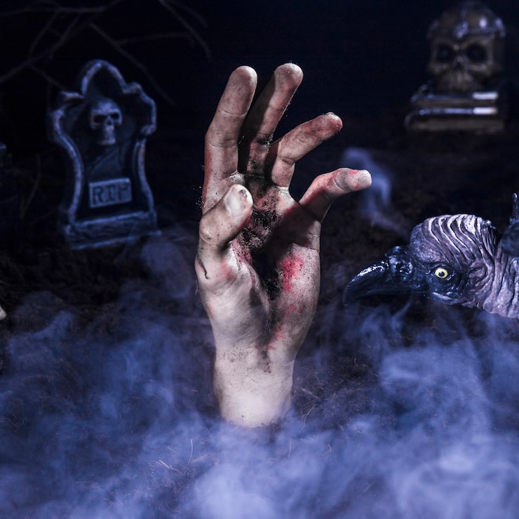 Foto gratuito mano de zombie y cuervo espeluznante en el cementerio de halloween