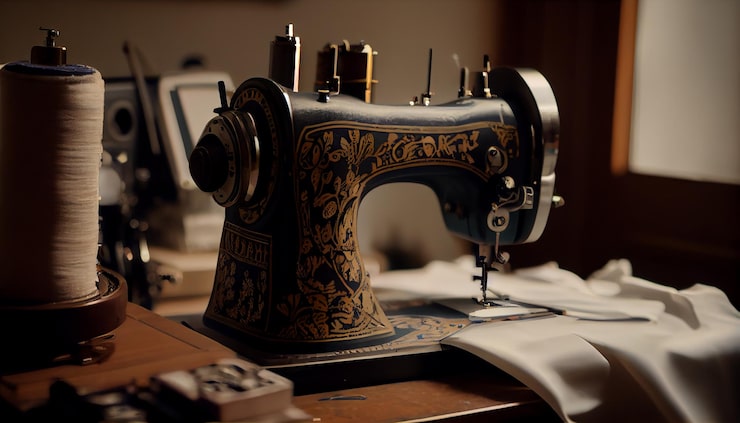 Foto gratuito una máquina de coser sobre un escritorio con un papel encima.