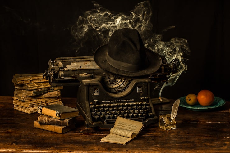 Foto gratuito una máquina de escribir, un sombrero fedora y libros antiguos sobre una mesa de madera