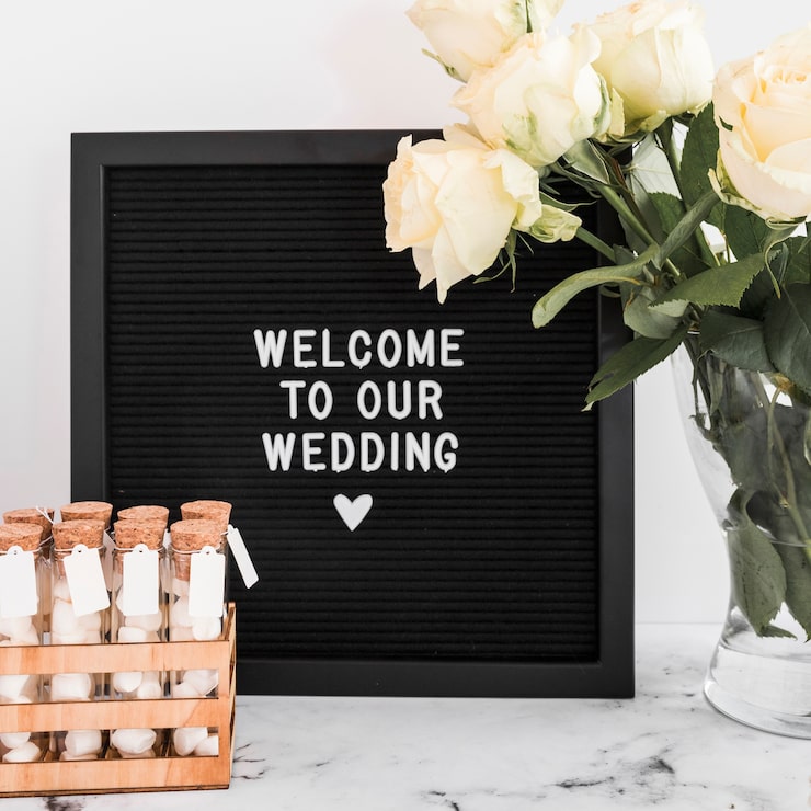 Foto gratuito mensaje de bienvenida para bodas en marco negro con tubos de ensayo de malvavisco y florero de rosas