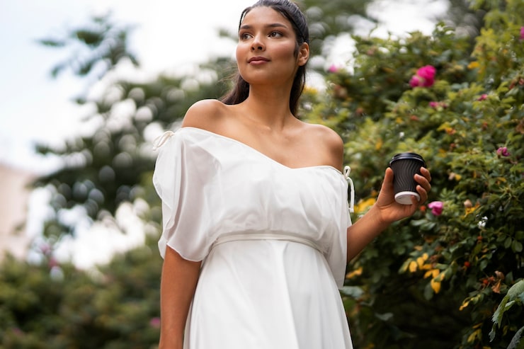 Foto gratuito mujer de ángulo bajo, tenencia, taza de café