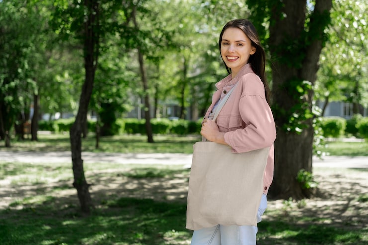 Foto gratuito mujer haciendo compras con una bolsa de tela