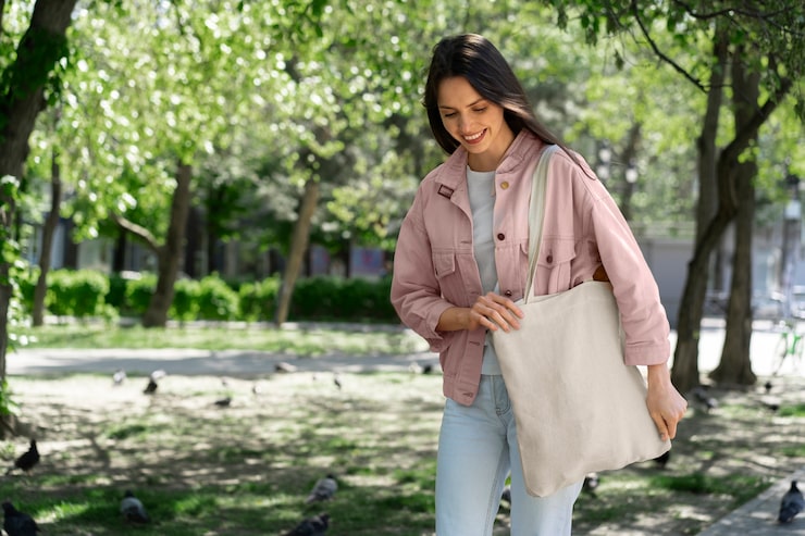 Foto gratuito mujer haciendo compras con una bolsa de tela