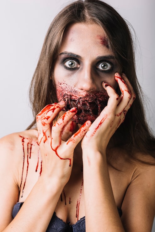 Foto gratuito mujer joven con la cara dañada y las manos ensangrentadas
