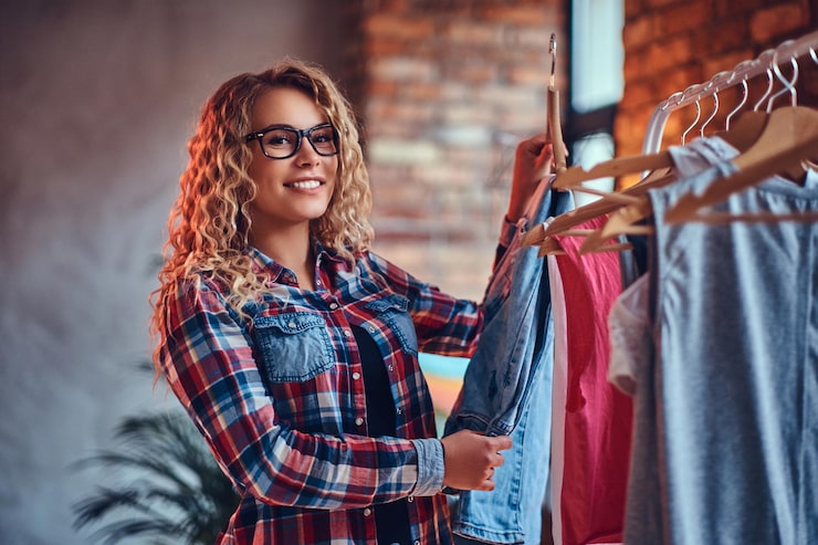 Foto gratuito mujer rubia positiva con anteojos negros elige ropa de moda en el perchero.