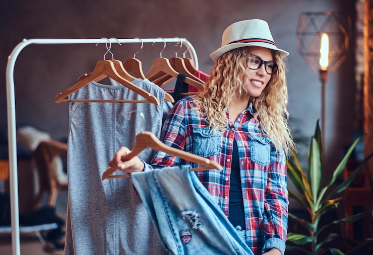 Foto gratuito mujer rubia positiva con anteojos negros elige ropa de moda en el perchero.