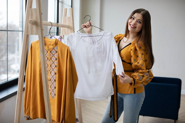 Foto gratuito mujer sonriente de tiro medio mirando la camisa ucraniana