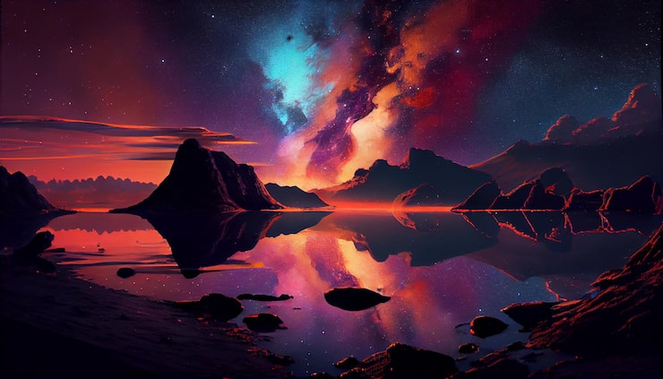 Foto gratuito noche naturaleza paisaje galaxia montaña agua estrella belleza generativa ai