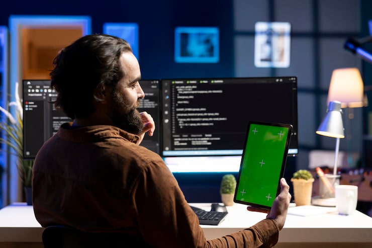 Photo Gratis pakar it yang mengerjakan tablet mockup untuk mencegah serangan malware