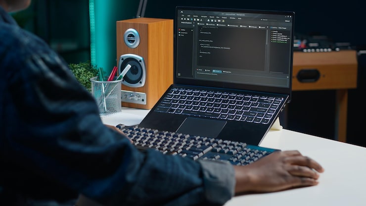 Photo Gratis pekerja jarak jauh menggunakan laptop untuk melakukan coding untuk pengembangan perangkat lunak