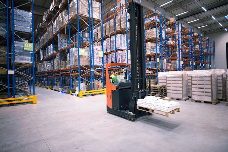 Photo Gratis pekerja mengoperasikan mesin forklift dan memindahkan barang di pusat gudang besar