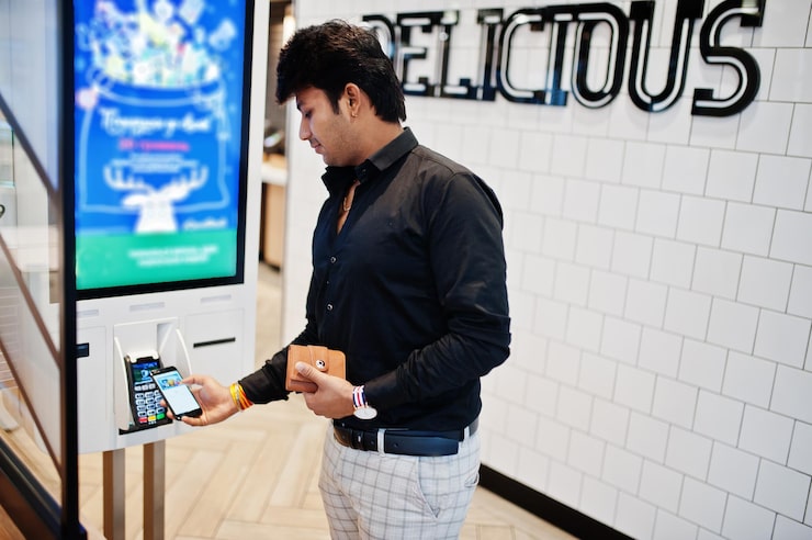 Photo Gratis pelanggan pria india di toko memesan dan membayar dengan kartu kredit tanpa kontak di ponsel melalui kios pembayaran mandiri untuk terminal pembayaran makanan cepat saji pay pass