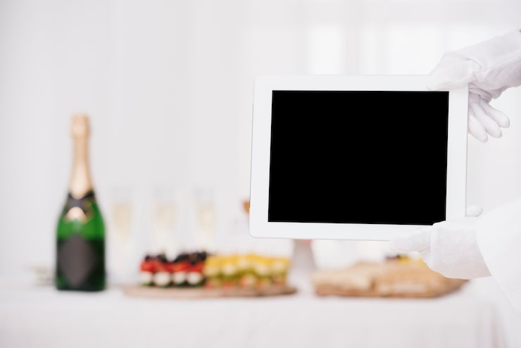 Photo Gratis pelayan memegang tablet dengan mockup