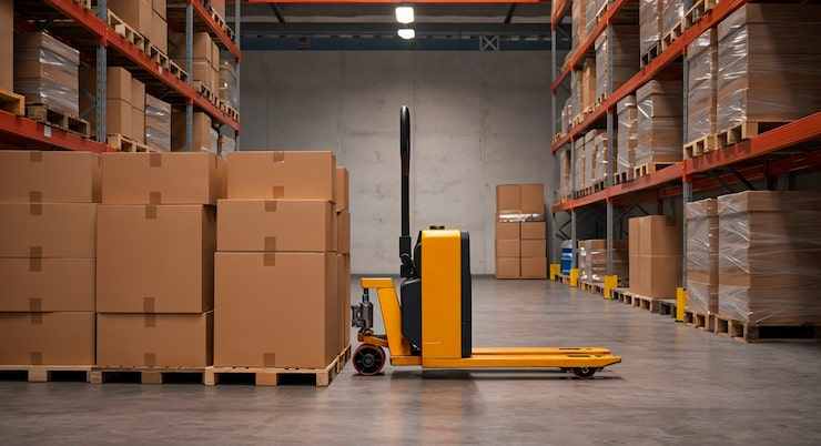 Photo Gratis pemandangan gudang dengan forklift dan kotak yang ditumpuk